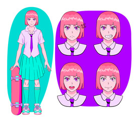 Anime skater girl holding skateboard. Design of a
cartoon character showing different expressions and emotions.