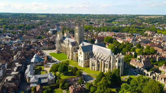 Aerial footage of Canterbuty, cathedral city in southeast England, was a pilgrimage site in the Middle Age, England, UK