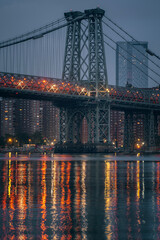 city bridge at night sunrise Williamsburg Bridge New York City reflections lights 