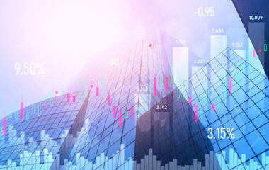 Financial graphs and digital indicators overlap with modernistic urban area, skyscrabber for stock market business concept. Double exposure.