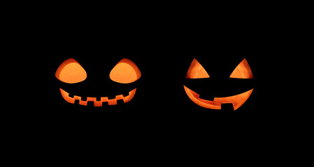 Set of two jack lantern glowing smiles isolated on a black background. Jack o lantern scary smile. Halloween pumpkin head.