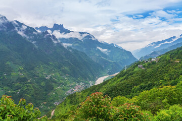 Beautiful scenery, rivers and villages in the plateau mountains of Tibet Autonomous Region of China