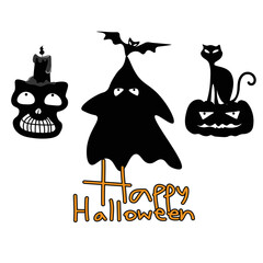 Vector illustration of silhouette decoration with hand writing word happy Halloween on white background