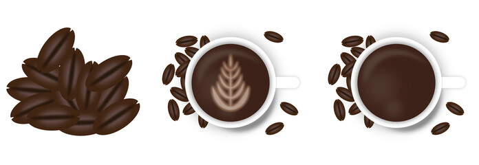 PNG icon of a coffee cup and coffee seeds with patterns.