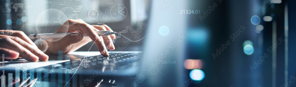Poster data scientist, programmer using laptop analyzing financial data on futuristic virtual interface. al