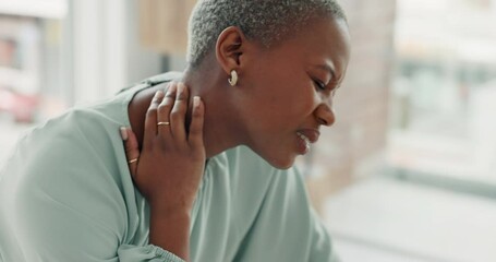 Neck, medical and healthcare with a black woman in pain, rubbing an injury with her hand inside. Anatomy, accident and muscle inflammation with an african american female feeling hurt or sore