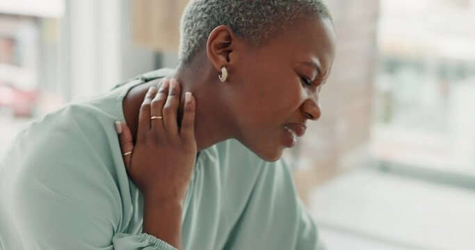Neck, medical and healthcare with a black woman in pain, rubbing an injury with her hand inside. Anatomy, accident and muscle inflammation with an african american female feeling hurt or sore