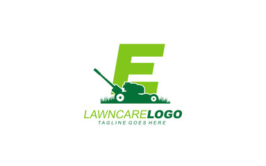 E logo lawncare for branding company. mower template vector illustration for your brand.