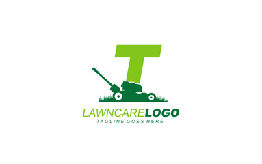 T logo lawncare for branding company. mower template vector illustration for your brand.