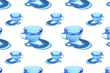 Bright pattern made with blue glass of water with sharp strong shadow isolated on white, as a backdrop or texture. Creative layout for your design