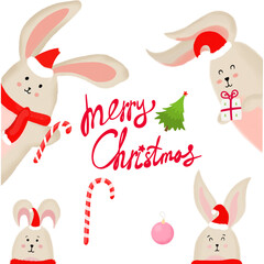 Cute Christmas card with Rabbits, PNG set for Christmas.