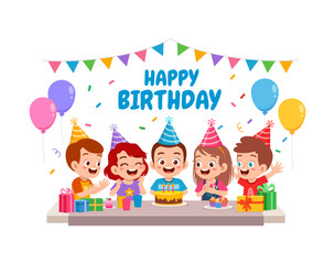 little kid blow candle on birthday party with friend - obrazy, fototapety, plakaty