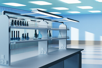Laboratory equipment. Table for scientific research. Laboratory table with test tubes. Work table with shelves for glass flasks. Sale laboratory equipment at end. Desk in room with windows. 3d image.
