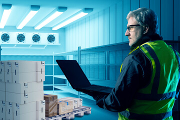 Supermarket warehouse worker. refrigerator store with boxes. Man with laptop stands in industrial refrigerator. Big supermarket refrigerator with boxes for sure. Gray-haired human in reflective vest.