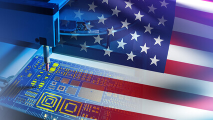 Fototapeta na wymiar Machine tool with micro chips and flag of America. American high-tech industry. Equipment for production of chips. PCB manufacturing in USA. American factory for production of micro chips. 3d image