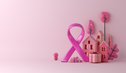 Breast cancer awareness ribbon with gift box, house, decoration background, copy space text, 3d rendering illustration