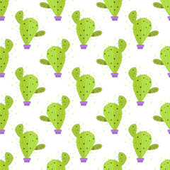  Illustration vector graphic seamless pattern handdrawn green cactus in flower pot. Print on cloth, fabric, linen, textile and wallpaper background