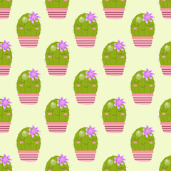 Illustration vector graphic seamless pattern cute cactus with flower. Print on cloth, fabric, linen, textile and wallpaper background