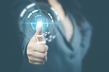 cyber security concept woman's hand using a smartphone to the system through the fingerprint scanner Store data into online Cloud Data storag for security.