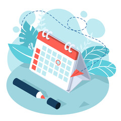Red pen marks the date, holiday, priority, important, reminder day on calendar concept decorative with leaves on background. Vector illustration isometric flat design for banner and poster.