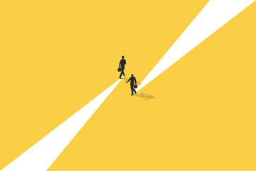 Business dispute or disagreement vector concept with two businessman walking away from each other. Symbol of miscommunication, conflict, argument. Eps10 illustration. - obrazy, fototapety, plakaty