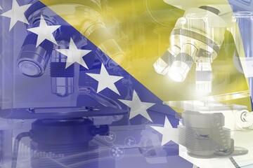 Bosnia and Herzegovina science development conceptual background - microscope on flag. Research in physics or medicine, 3D illustration of object