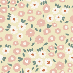 Seamless of doodle ditsy flowers pattern on light background. Simple delicate floral vector ornament. Pretty botanical backdrop. Design for fabric, textile print, surface, wrapping, cover.