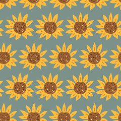 Seamless vector Sunflower Flowers Pattern on dark blue background, hand drawn backdrop. Repeatable motif for seasonal Autumn, Fall and Thanksgiving. Brick repeat simple seamless style.