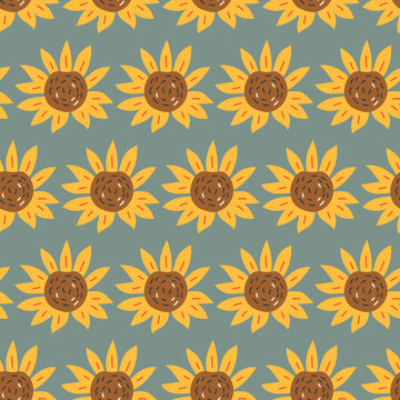 Seamless vector Sunflower Flowers Pattern on dark blue background, hand drawn backdrop. Repeatable motif for seasonal Autumn, Fall and Thanksgiving. Brick repeat simple seamless style.