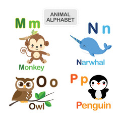 Cute animal alphabet from Letter M to P