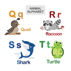 Cute animal alphabet from Letter Q to T