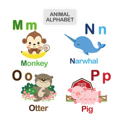 Cute animal alphabet from Letter M to P