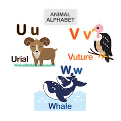 Cute animal alphabet from Letter U to W