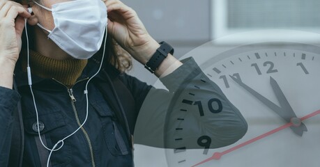 Digital illustration of a woman wearing a face mask putting her earphones on over a clock