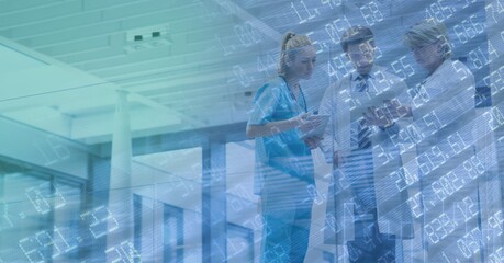 Digital illustration of doctors discussing over data processing and statistics