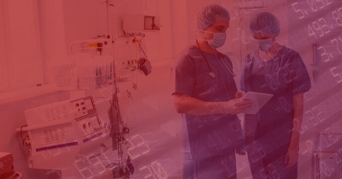 Digital illustration of two doctors standing in a hospital room over data processing