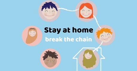 Digital illustration of connected circle of faces with writing during coronavirus covid19 pandemic