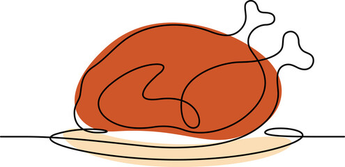 continuous line drawing of turkey meat colored illustration