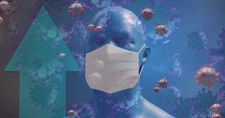 Covid-19 cells and arrow against 3D human head model wearing face mask