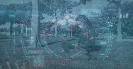 Scope scanning Covid-19 cells against woman wearing face mask sitting in the park