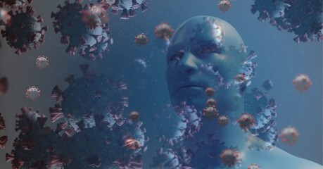 Covid-19 cells against 3D human head model wearing face mask