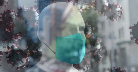 Covid-19 cells against 3D human head model wearing face mask