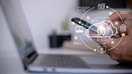 Business man showing concept of cloud computing.