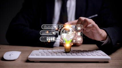 Businesswoman hand holding light bulb with esg icon on virtual screen, ESG Environmental, social and corporate governance concept