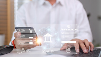 Businessman using mobile online banking and payment, Digital marketing. Finance and banking networking. Online shopping and icon customer network connection, cyber security. Business technology.