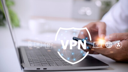 VPN secure connection concept. Person using Virtual Private Network technology to create encrypted...