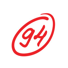 94 points exam score, ninety four points grade results, red on white background