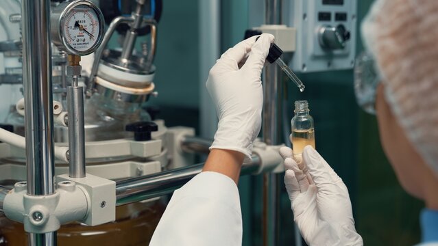Scientist test CBD hemp oil product in curative CBD lab . The hemp oil contain natural cbd extraction from organic hemp in the farm .