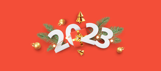 Happy New Year background design with realistic paper numbers 2023, gift box, golden conical Christmas trees, balls and spruce branches on orange red. Horizontal poster, banner, header for website