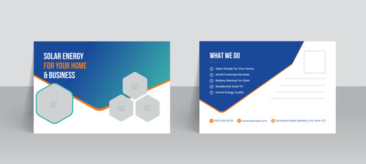Solar panel postcard template and green energy professional layout design